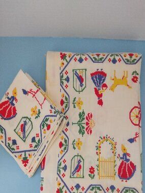 VTG Folk Tale Print Linen Rectangular Tablecloth & 4 Napkins
